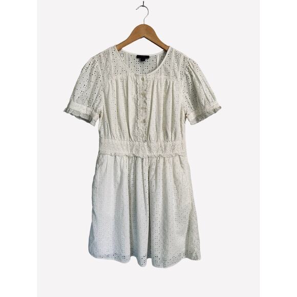 J Crew Cotton Eyelet Button Front Pockets Short Ruffle Sleeve Ivory Mini Dress 4 - Picture 3 of 10